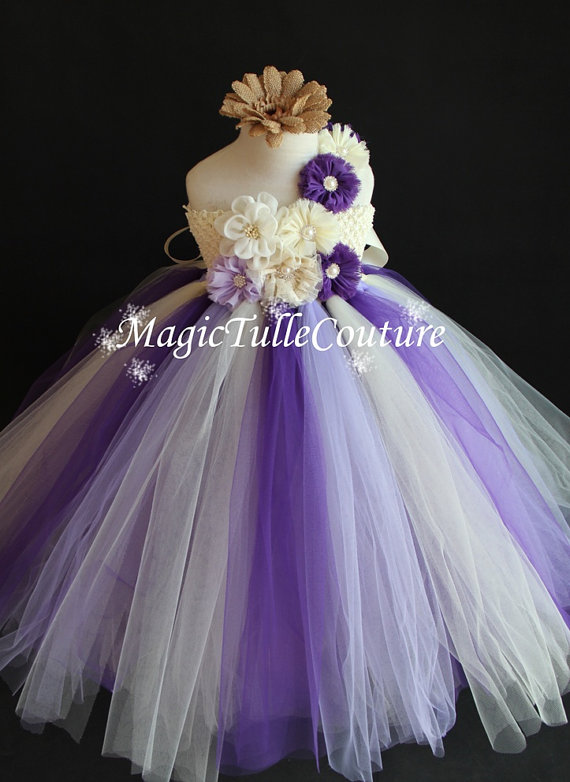 زفاف - Ivory Light Purple and Deep Purple Flower girl dress Birthday dress Party Dress Toddler Dress 1t2t3t4t5t6t7t8t9t10t