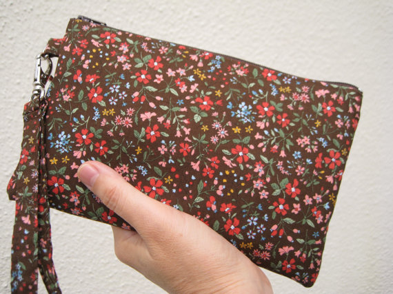 زفاف - Gift pouch, 2 pockets, bridesmaids, wedding, handmade, iPhone - brown floral
