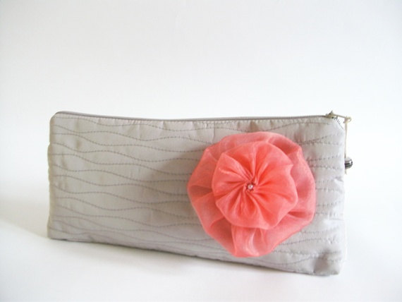 Wedding - Hawaii inspired Wedding Clutches, Set of 3, Light Gray Cosmetic Clutch, Coral Red Flower on Clutch, Destination wedding Gift