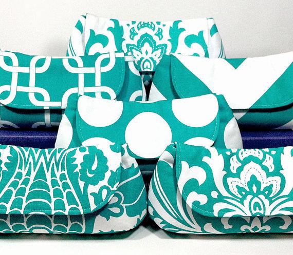 Hochzeit - Wedding Clutch Bridesmaid Clutches Choose Your Fabric Aqua Teal Turquoise Set of 8