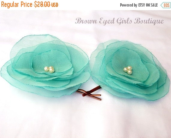 Hochzeit - On Sale Turquoise Blue Bridal Flower Hair Clip Duo, Turquoise Wedding Hair Accessory, Teal Bobby Pin, Turquoise Bridal Head Piece