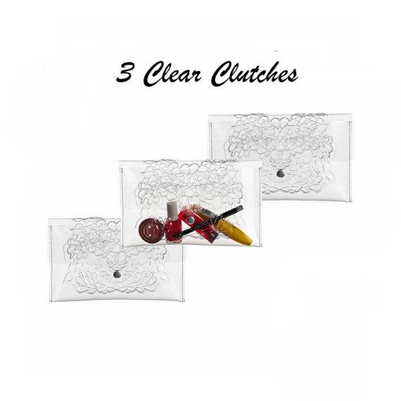 زفاف - Clear Slim Clutch - 3 Pack, slim transparent vinyl clutches, clear cosmetics clutch bag, handmade embossed floral print, unique holiday gift