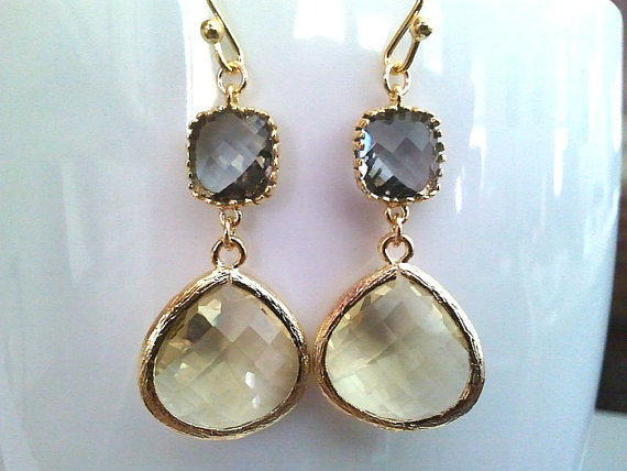 زفاف - Lemon and Gray Wedding Earrings ,Drop, Dangle, Yellow Earrings, Bridal earrings Bridesmaid Gift Bridesmaid Jewelry, GIFT