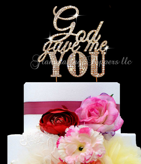 Свадьба - Custom ORDER  GOLD TONE Wedding cake topper God Gave Me You Large size Rhinestone monogram cake decoration elegant cake topper