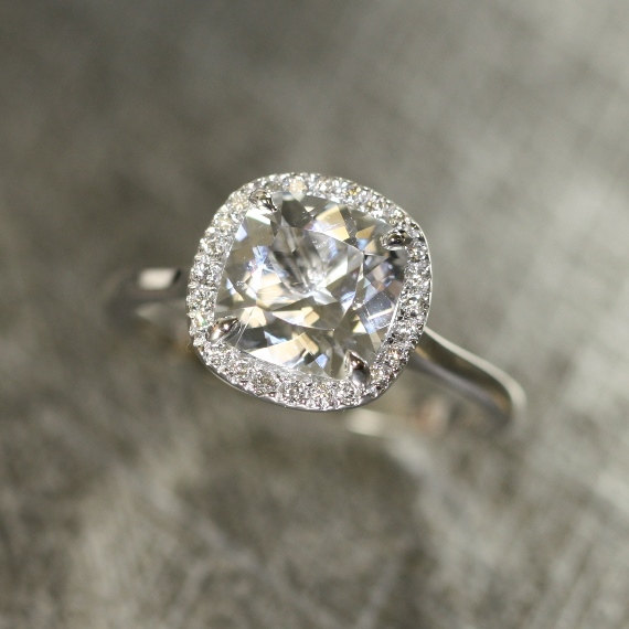 Wedding - Cushion White Topaz and Diamond Halo Engagement Ring in 14k White Gold 8x8mm Cushion White Gemstone Ring (Bridal Wedding Ring Set Available)