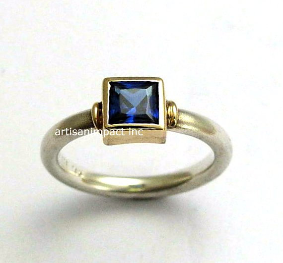 Wedding - Blue Sapphire ring, engagement ring, sterling silver ring, silver with gold ring, blue stone ring, mixed metal ring - Deep ocean R0956