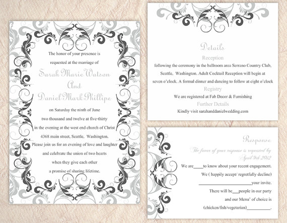 Свадьба - DIY Wedding Invitation Template Set Editable Word File Instant Download Printable Invitation Gray Wedding Invitation Black Invitations