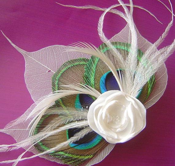 زفاف - Bridal Peacock Feather Hair Fascinator Clip Skeletone Leaves and Petite Ivory Rose Ready To Ship
