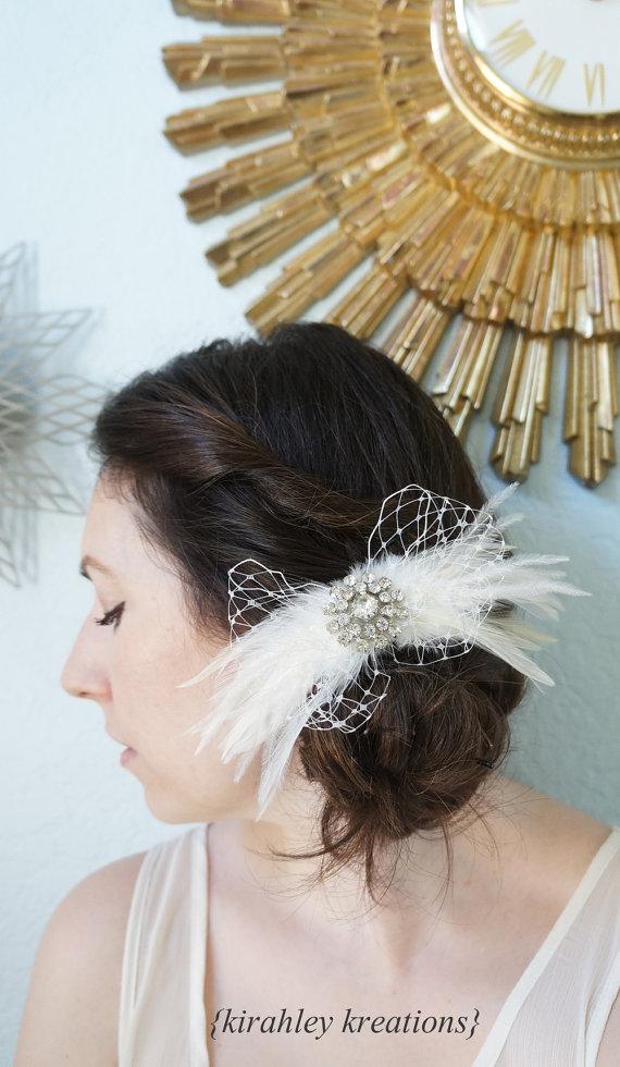 Свадьба - CLAIRE -- Wedding Bridal Bride Hair Clip Headpiece Ivory White Feather Fascinator Veil Veiling Rhinestones - Custom Colors Available