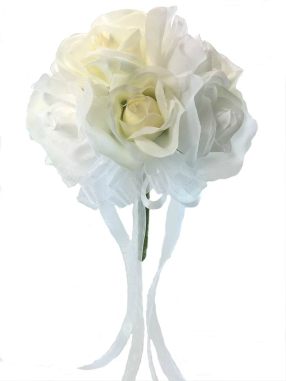 Hochzeit - White and Ivory Silk Rose Toss Bouquet - Silk Bridal Wedding Bouquet