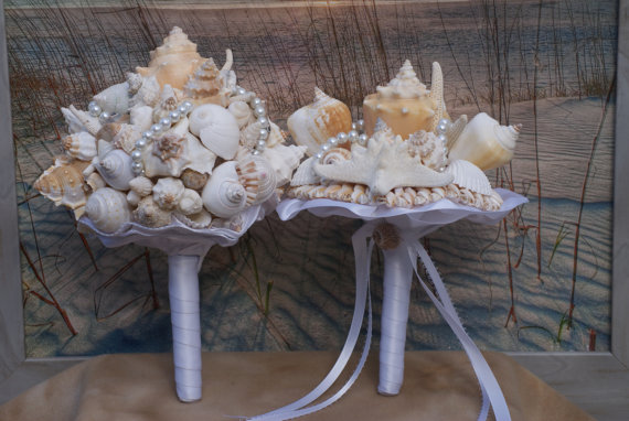 Mariage - 2 Piece Package, Made to Order, Seashell Wedding Bouquet /  Beach Bouquet