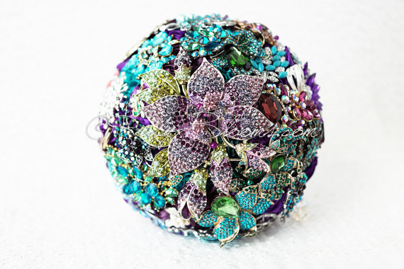 Mariage - Turquoise Eggplant Wedding Brooch Bouquet. "Stars in Roses" Wedding Bouquet, Blue Aubergine Bridal Broach Bouquet, Ruby Blooms
