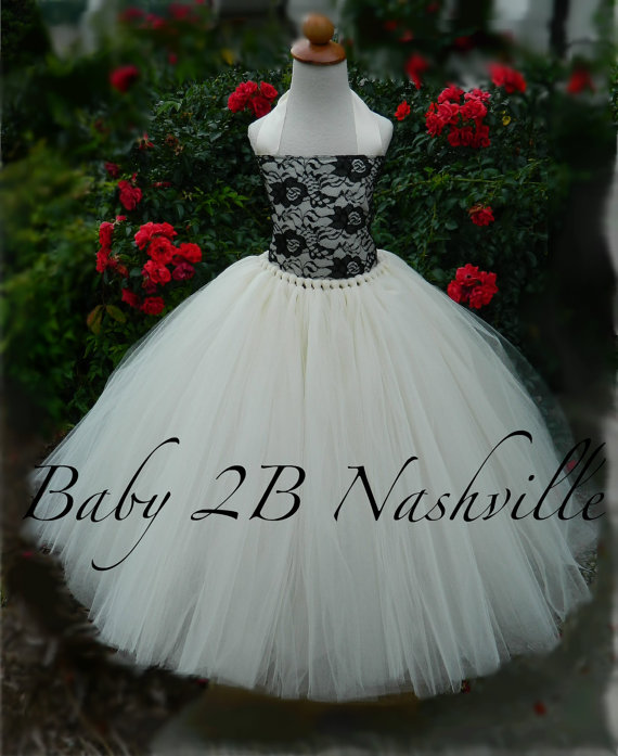 Hochzeit - Ivory with Black Lace Flower Girl Dress, Wedding Flower Girl  Dress, Black Lace Tutu Dress,Wedding Flower Girl Tutu Dress All Sizes Girls