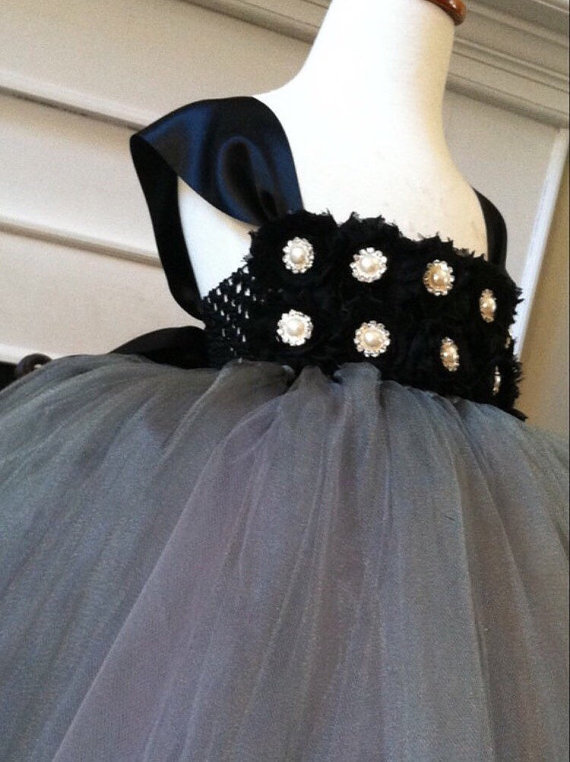 Mariage - Black Gray flower girl dress, silver flower girl dress, black flower girl dress, audrey hepburn inspired dress, holiday dress, tutu dress