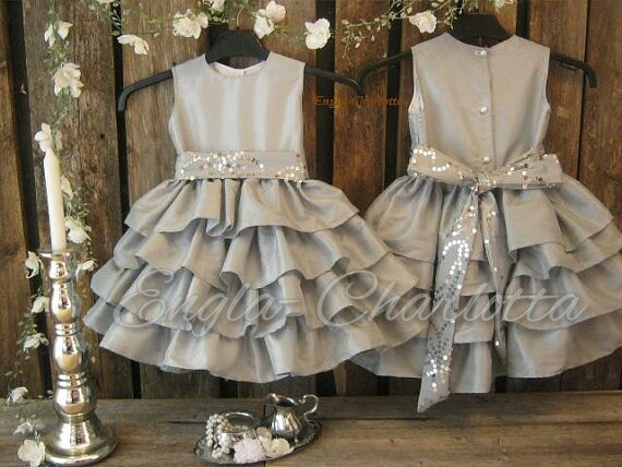 Mariage - Silver flower girl dress. Grey girls ruffle dress. Winter wedding flower girl. special occasion party dress. Toddler girls sequin dress