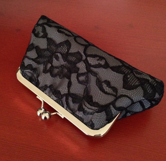 Wedding - Bridesmaids Gifts - Black Lace over Grey Clutches