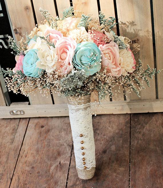 Wedding - Romantic Wedding Bouquet -Pink and Mint Collection, Aqua Custom Colors Keepsake Alternative Bouquet, Sola Bouquet, Rustic Wedding