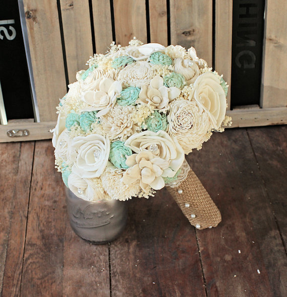 Wedding - Handmade Natural Wedding Bouquet- Large Ivory Mint Bridal Bridesmaid Bouquet, Rustic Wedding, Alternative Bouquet, Keepsake Bouquet