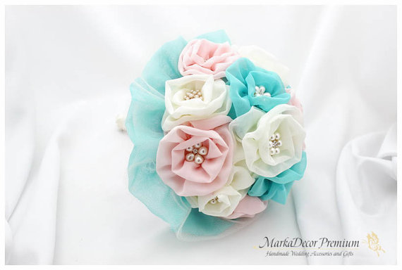 Mariage - Medium Wedding Brooch Bouquet Bridal Bridesmaids Custom Bouquet Beaded Bouquet in Ivory, Aqua Blue, Light Pink and Pink