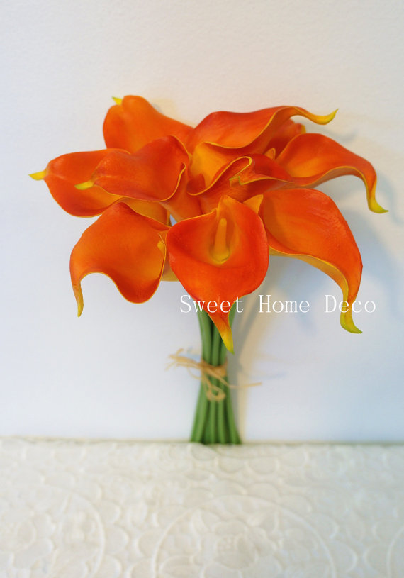 Mariage - JennysFlowerShop 15" Latex Real Touch Artificial Calla Lily 10 Stems Flower Bouquet for Wedding/ Home Orange