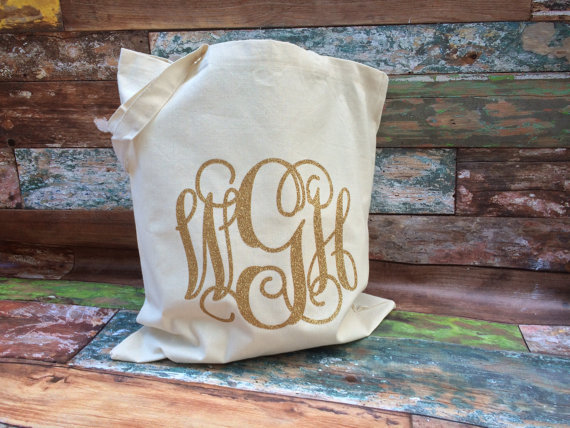 Wedding - Monogrammed Tote Bag, Monogrammed Bridesmaid Gifts, Glitter Monogram Bag, Monogrammed Bag