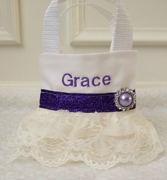 Mariage - Purple and Ivory Lace Flower Girl Purse, Flower Girl Gift, Birthday Gift, Party Favor Bags, Princess Party Favor,Personalized Gift