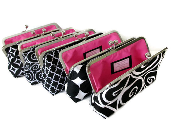 Wedding - Seven Black and White Bridesmaid Clutches - Your choice of lining! Special Price