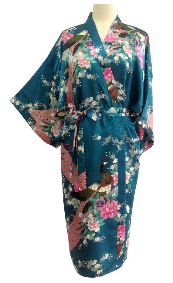 زفاف - On Sale Kimono Robes Bridesmaids Silk Satin Teal Colour Paint Peacock Design Pattern Gift Wedding dress for Party Free Size