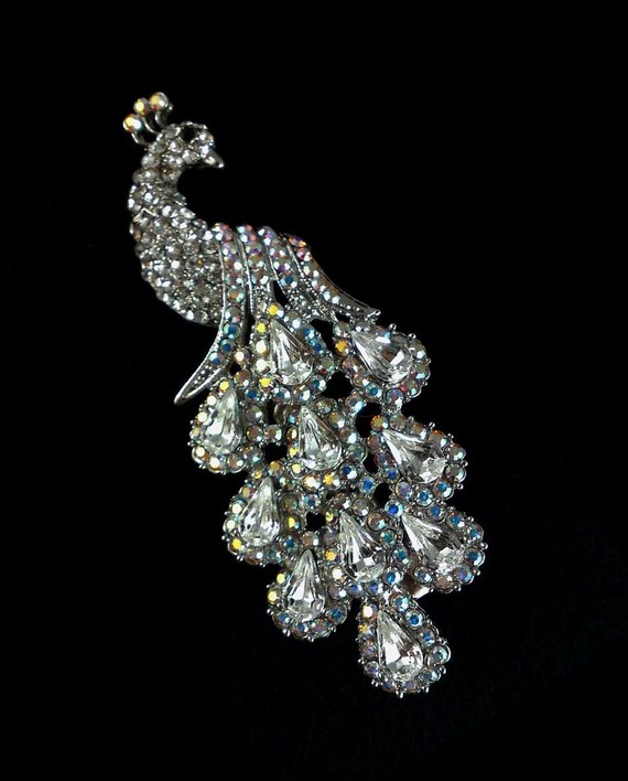 Свадьба - Peacock Wedding Hair Clip, Bridal Headpiece, Rhinestone Crystal Hair Jewelry, PAON