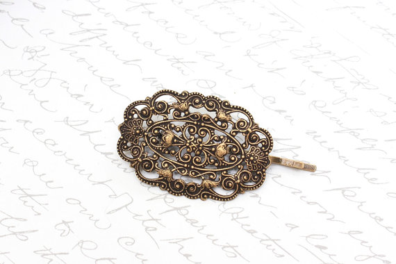 Mariage - Filigree Bobby Pin Antique Brass Lace Hair Accessories Rustic Vintage Style Shabby Chic Old World Bridal Wedding Fashion Romantic Victorian
