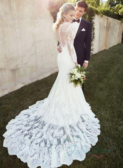 Mariage - Sexy sheer lace back long sleeves lace mermaid wedding dress