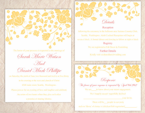 Wedding - DIY Wedding Invitation Template Set Editable Word File Instant Download Printable Invitations Floral Wedding Invitation Yellow Invitations