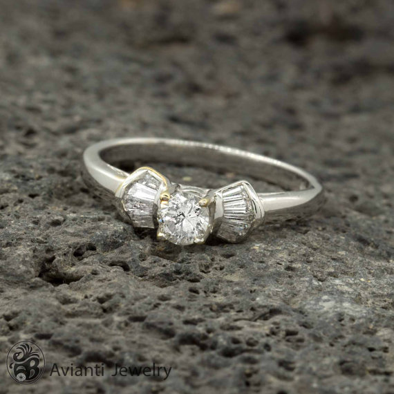 Wedding - Diamond Ring, Baguette Diamond Ring, Bow Like Design ring, Center Round Diamond Ring, Engagement Ring,  