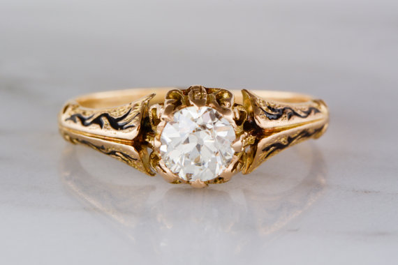Wedding - Early Old European Cut Diamond (.85ct) in 18K Gold Victorian / Art Nouveau Engagement Ring with Black Enamel R941