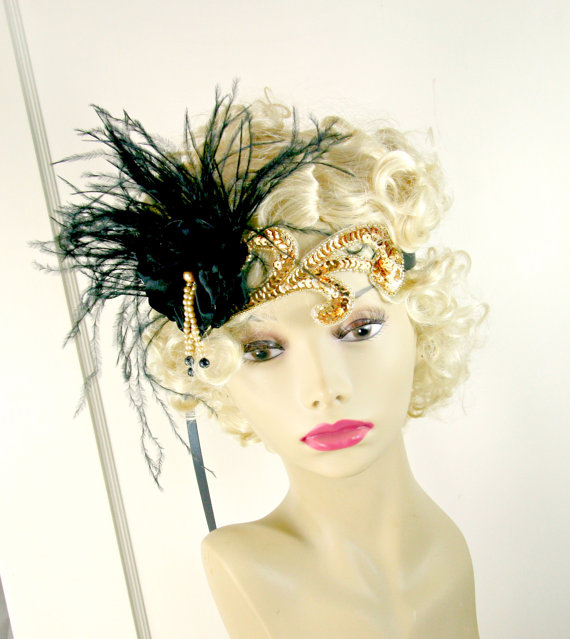 زفاف - Ready to Ship!  Gold Black Gatsby Headband, Gatsby Wedding Head Piece, 1920s Flapper Headband, Feather Headband Party Gala Event Halloween