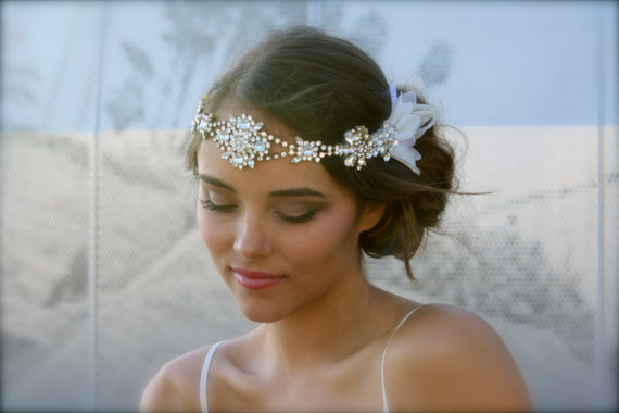 Wedding - Vintage Swarovski Crystal Hippie Headband with Silk Petal Sides- Layla