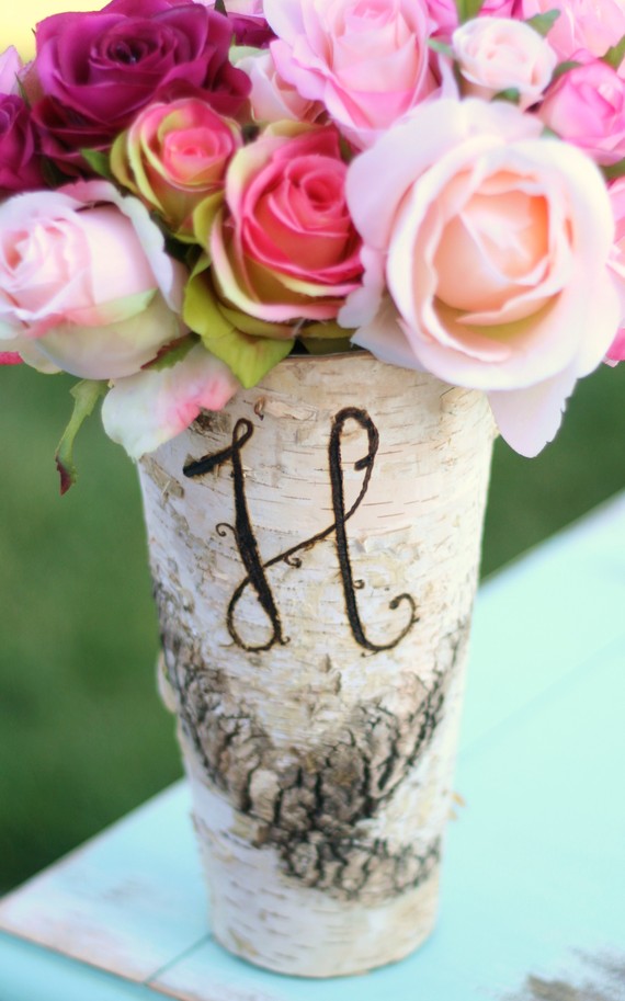Wedding - Personalized Monogrammed Tall Birch Wood Vase Rustic Decor (Item Number 140176)