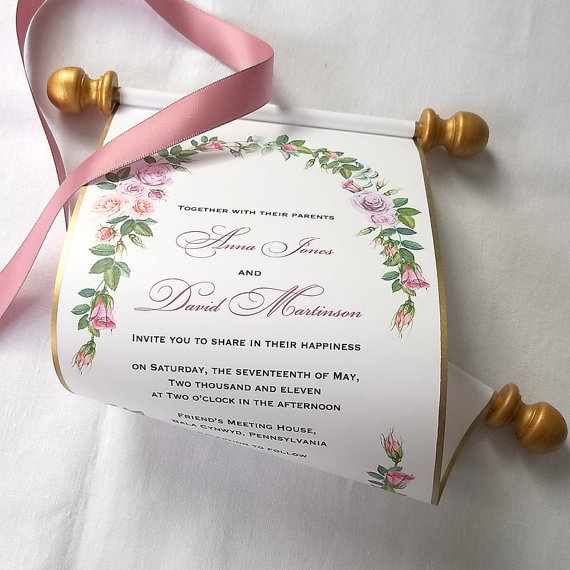 Mariage - Custom listing, Fairytale wedding invitation scroll, watercolor roses wreath, pink and gold, set of 25