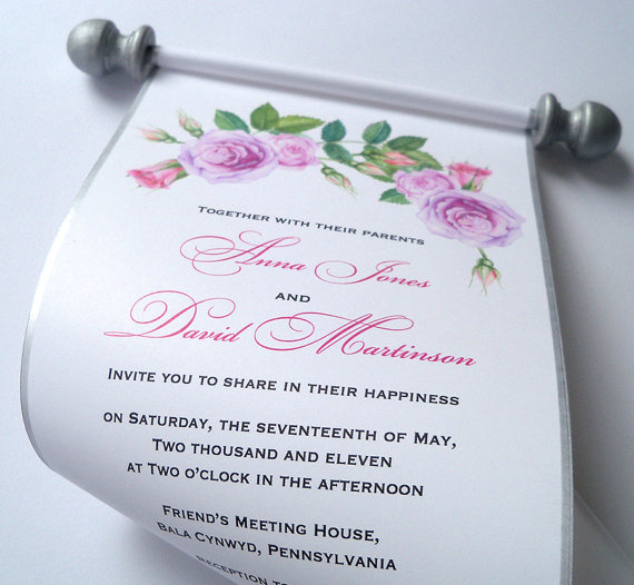 Hochzeit - Boho pink and silver watercolor roses wedding invitation scroll SAMPLE