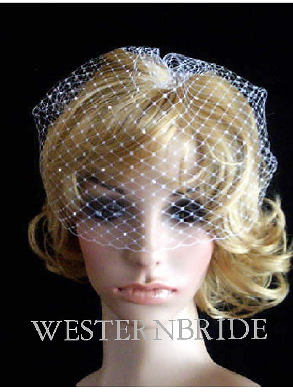 Hochzeit - Swarovski Crystal accent  birdcage. White or ivory you choose. Pick of nose White Bridal Weding Rusian Net Birdcage Veil