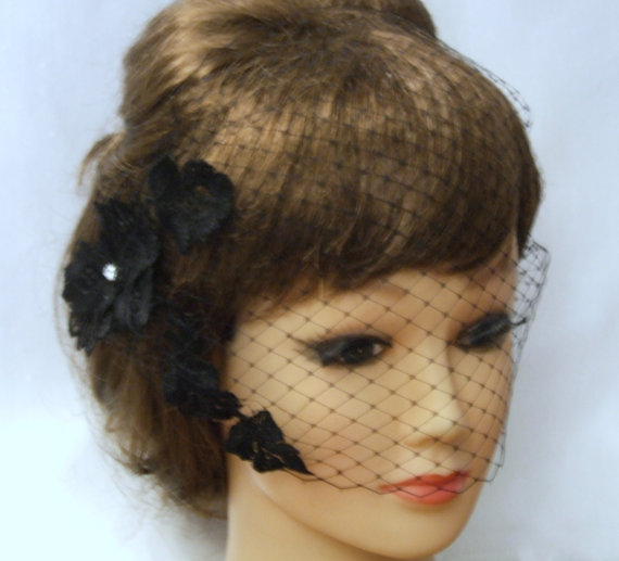 زفاف - Black Birdcage veil,Blusher veil with Motif 9 inch French net Veil.Lace fascinator birdcage veil Bandeau birdcageVeil,wedding Hair accessory