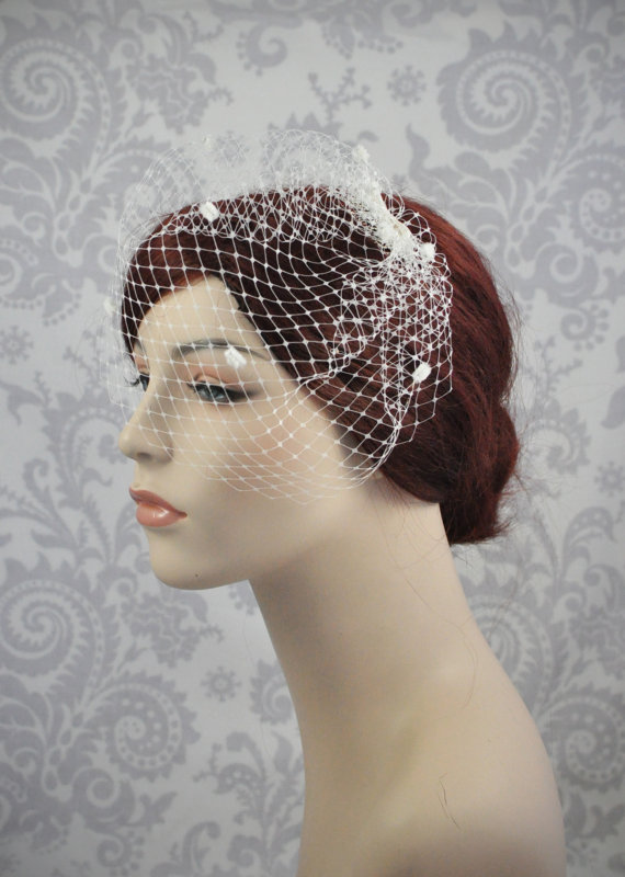 Hochzeit - Birdcage Veil with Chenille Dots and Bow - Small Veil in Ivory,White,Champagne, or Black,Polka Dot Veil French Net Veil - 106BC
