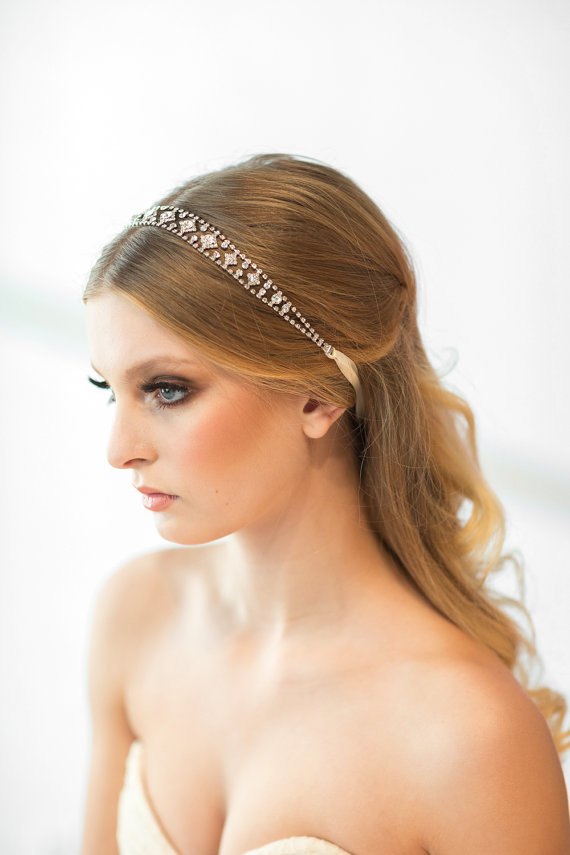 Wedding - Crystal Ribbon Headband, Wedding Headband, Bridal Rhinestone Headband, Ribbon Headband