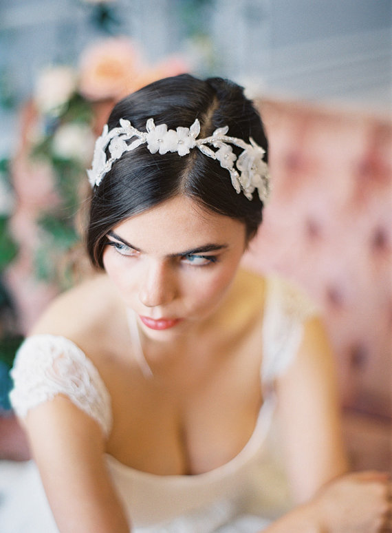 Wedding - Delicate Lace and Silk Flower Headband, Lace Flower Vine Headband with Flowers and Crystals 