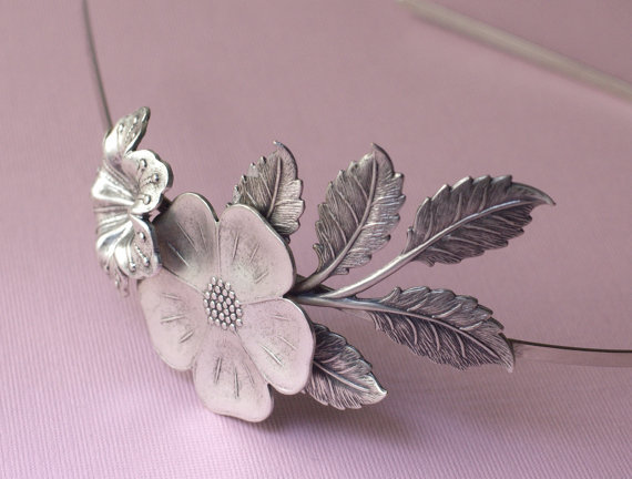زفاف - Floral headband bridal leaves elegant silver flower garden romantic vintage style wedding hair