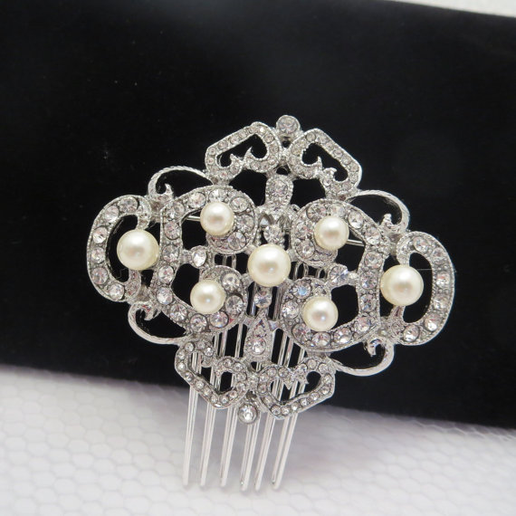 Mariage - Rhinestone and pearl bridal hair comb, wedding hair comb, hair accessory, vintage style hair comb, victorian hair accessory