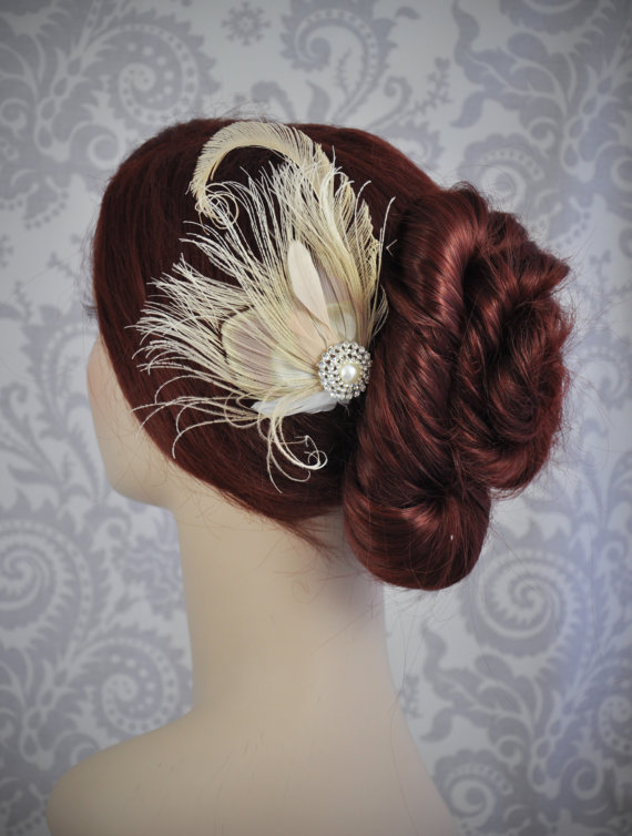 زفاف - Ivory Peacock Feather Fascinator - Ivory Bridal Hair Accessory with Feathers, Hair Clip, Blush Pink Bridal Accessories - 111HP