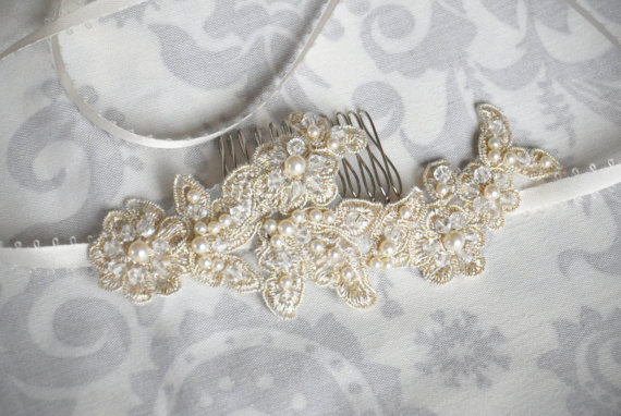 زفاف - Champagne Lace Bridal Headband, Hand Beaded w/ satin tie - Swarovski pearls & crystals Hair Accessories, Champagne, White, or Ivory - 100HB