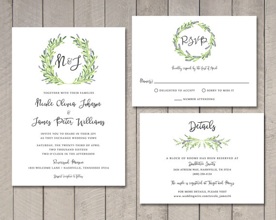 Hochzeit - Laurel Wedding Invitation, RSVP, Details Card (Printable) by Vintage Sweet