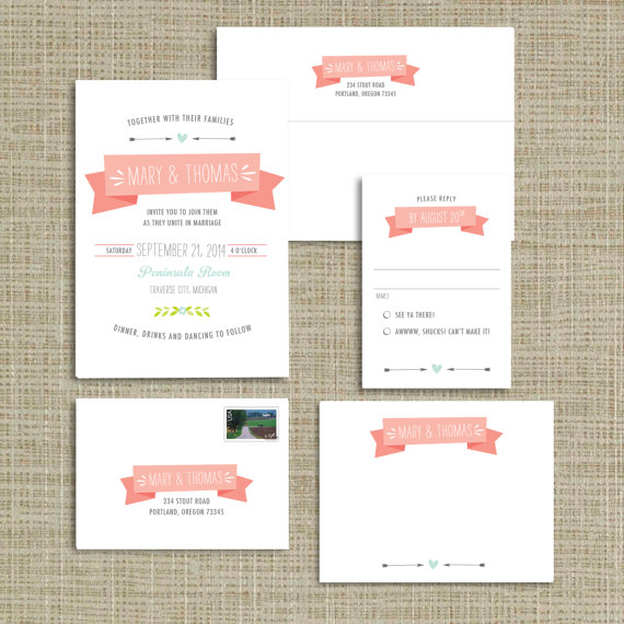 Hochzeit - Charming Banner Printable Wedding Invitations - JPress Designs, modern, simple, clean, blush, coral, pink, pattern, original, heart